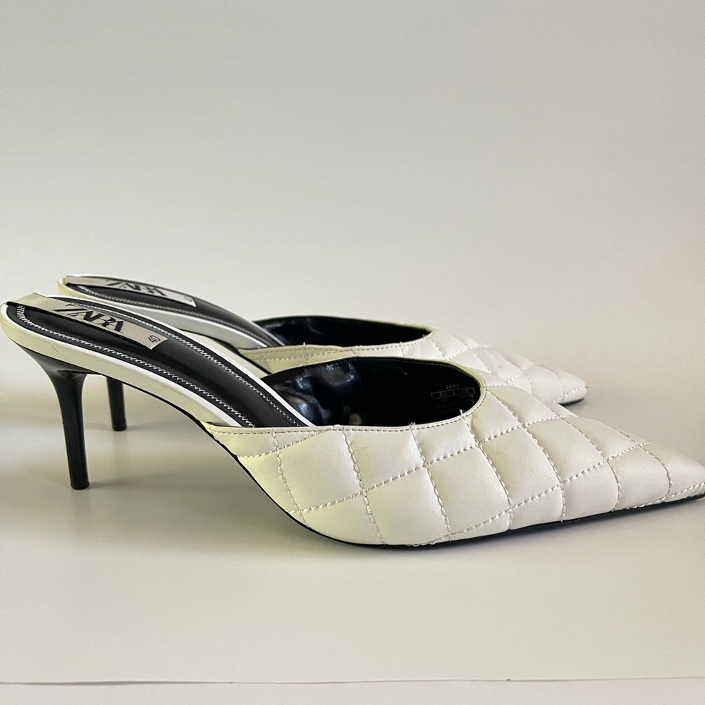 Zara White Quilted Mules